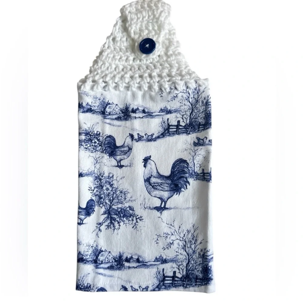 Hand Crafted Farmhouse Blue and White Hanging Rooster Kitchen Hand Towel
